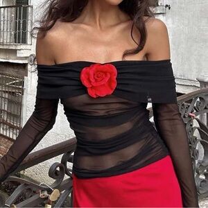 Long-Sleeve Off Shoulder Blouse in Black With Red Rose Accent